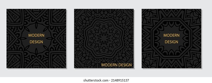 A set of vintage square embossed black web banners with a geometric ethnic 3D pattern, a frame for text. Creativity of the peoples of the East, Asia, India, Mexico, Aztecs, Peru. Handmade style.