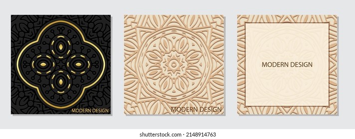 A set of vintage square embossed web banners with a geometric ethnic original 3D pattern, a frame for text. Creativity of the peoples of the East, Asia, India, Mexico, Aztecs, Peru. Handmade style.
