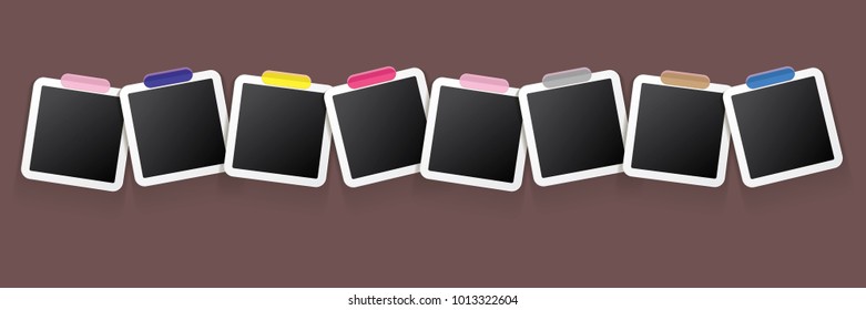Set of vintage square photo frame with shadow isolated on vintage horizontal brown wall background. Vector Photo realistic horizontal Mockups with empty space for photo. old photo collection
