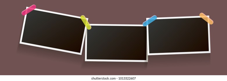 Set of vintage square photo frame with shadow isolated on vintage horizontal brown wall background. Vector Photo realistic horizontal Mockups with empty space for photo. old photo collection