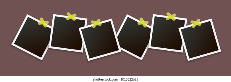 Set of vintage square photo frame with shadow isolated on vintage horizontal brown wall background. Vector Photo realistic horizontal Mockups with empty space for photo. old photo collection