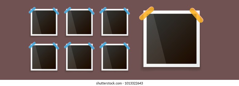 Set of vintage square photo frame with shadow isolated on vintage horizontal brown wall background. Vector Photo realistic horizontal Mockups with empty space for photo. old photo collection