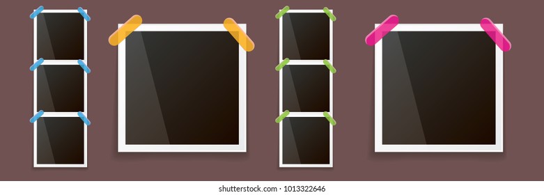 Set of vintage square photo frame with shadow isolated on vintage horizontal brown wall background. Vector Photo realistic horizontal Mockups with empty space for photo. old photo collection
