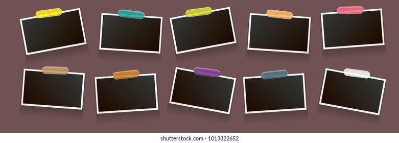 Set of vintage square photo frame with shadow isolated on vintage horizontal brown wall background. Vector Photo realistic horizontal Mockups with empty space for photo. old photo collection