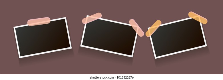 Set of vintage square photo frame with shadow isolated on vintage horizontal brown wall background. Vector Photo realistic horizontal Mockups with empty space for photo. old photo collection