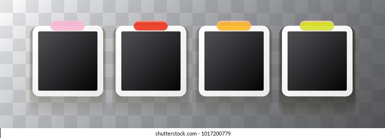 Set of vintage square photo frame with shadow isolated on transparent background. Vector Photo realistic horizontal Mockups with empty space for photo. old photo collection
