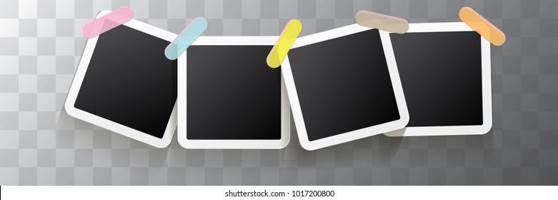 Set of vintage square photo frame with shadow isolated on transparent background. Vector Photo realistic horizontal Mockups with empty space for photo. old photo collection