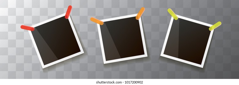 Set of vintage square photo frame with shadow isolated on transparent background. Vector Photo realistic horizontal Mockups with empty space for photo. old photo collection
