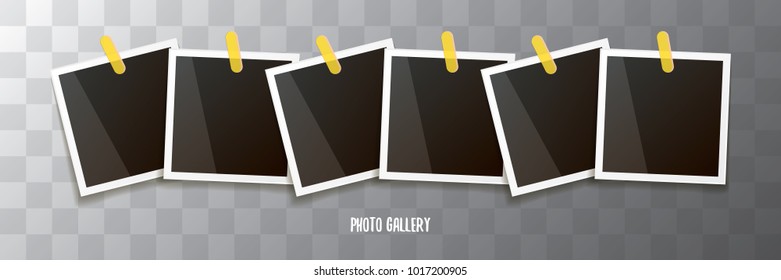 Set of vintage square photo frame with shadow isolated on transparent background. Vector Photo realistic horizontal Mockups with empty space for photo. old photo collection