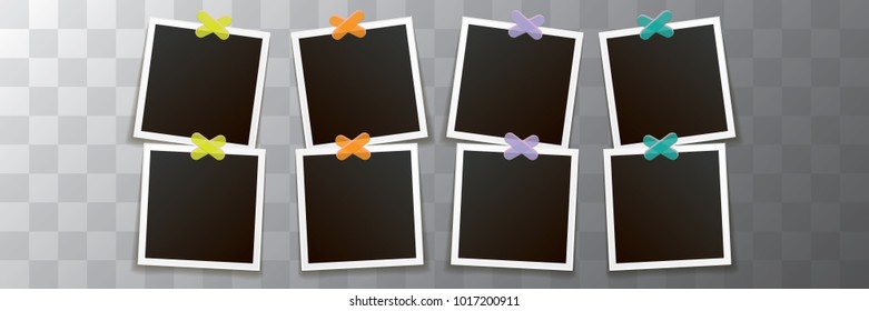 Set of vintage square photo frame with shadow isolated on transparent background. Vector Photo realistic horizontal Mockups with empty space for photo. old photo collection