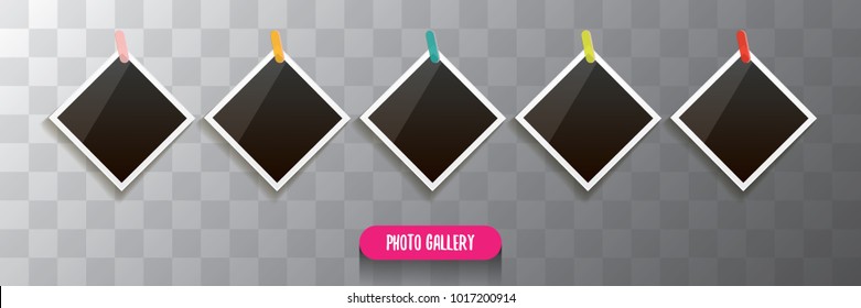 Set of vintage square photo frame with shadow isolated on transparent background. Vector Photo realistic horizontal Mockups with empty space for photo. old photo collection