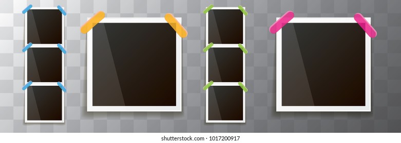 Set of vintage square photo frame with shadow isolated on transparent background. Vector Photo realistic horizontal Mockups with empty space for photo. old photo collection