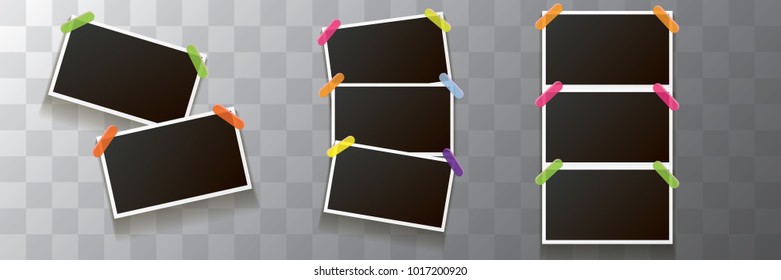 Set of vintage square photo frame with shadow isolated on transparent background. Vector Photo realistic horizontal Mockups with empty space for photo. old photo collection