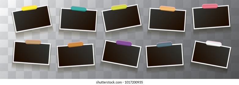 Set of vintage square photo frame with shadow isolated on transparent background. Vector Photo realistic horizontal Mockups with empty space for photo. old photo collection