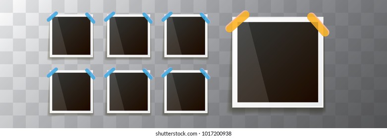Set of vintage square photo frame with shadow isolated on transparent background. Vector Photo realistic horizontal Mockups with empty space for photo. old photo collection