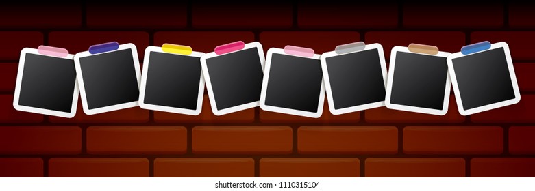 Set of vintage square photo frame with shadow isolated on grunge brick wall background. Vector Photo realistic horizontal Mockups with empty space for photo. old photo collection