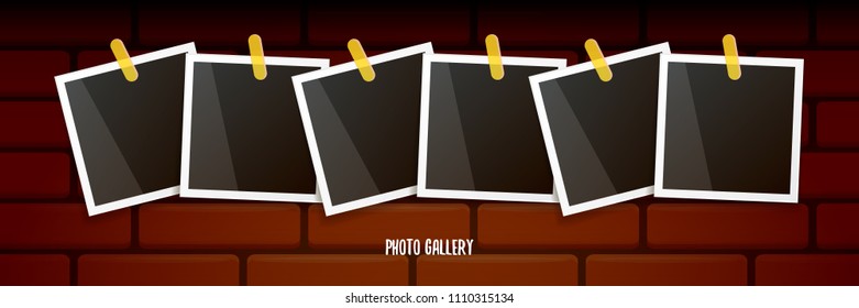 Set of vintage square photo frame with shadow isolated on grunge brick wall background. Vector Photo realistic horizontal Mockups with empty space for photo. old photo collection