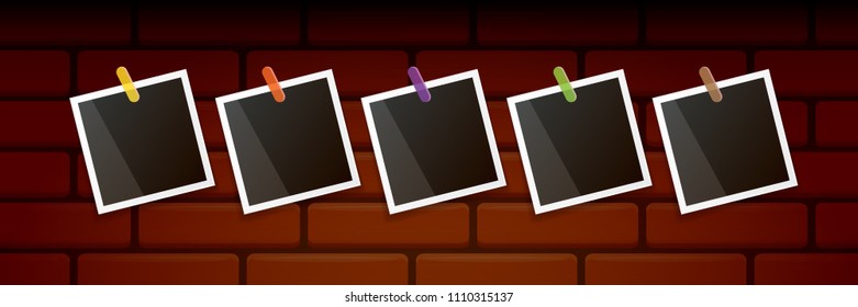 Set of vintage square photo frame with shadow isolated on grunge brick wall background. Vector Photo realistic horizontal Mockups with empty space for photo. old photo collection