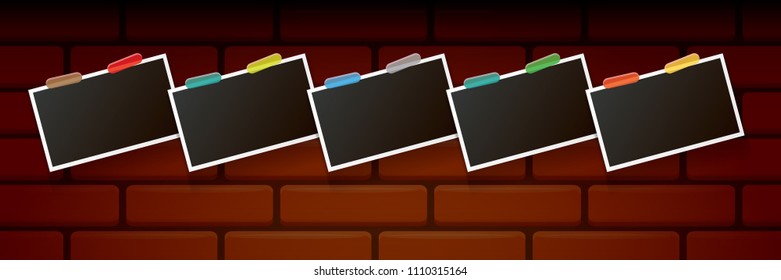 Set of vintage square photo frame with shadow isolated on grunge brick wall background. Vector Photo realistic horizontal Mockups with empty space for photo. old photo collection