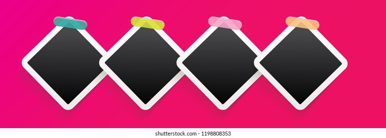 Set of vintage square photo frame with shadow isolated on pink wall background. Vector Photo realistic horizontal Mockups with empty space for photo. old photo collection