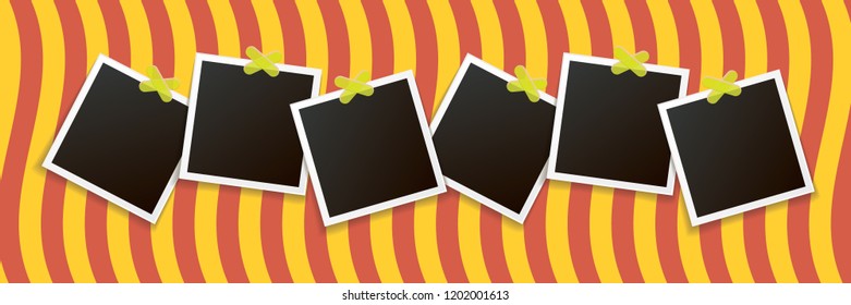 Set of vintage square photo frame with shadow isolated on orange stripped wall background. Vector Photo realistic horizontal Mockups with empty space for photo. old photo collection