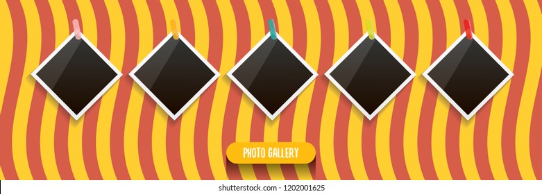 Set of vintage square photo frame with shadow isolated on orange stripped wall background. Vector Photo realistic horizontal Mockups with empty space for photo. old photo collection