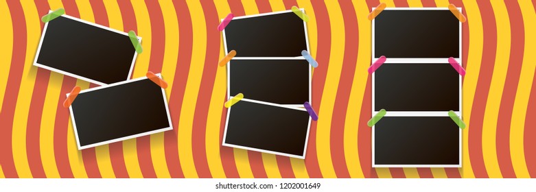 Set of vintage square photo frame with shadow isolated on orange stripped wall background. Vector Photo realistic horizontal Mockups with empty space for photo. old photo collection