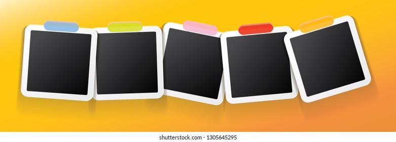 Set of vintage square photo frame with shadow isolated on orange wall background. Vector Photo realistic horizontal Mockups with empty space for photo. old photo collection - Vector