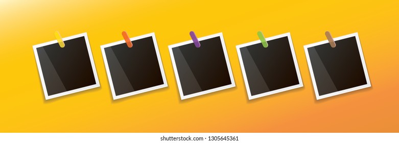 Set of vintage square photo frame with shadow isolated on orange wall background. Vector Photo realistic horizontal Mockups with empty space for photo. old photo collection - Vector