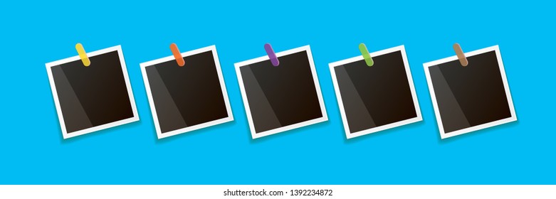 Set of vintage square photo frame with shadow isolated on blue wall background. Vector Photo realistic horizontal Mockups with empty space for photo. old photo collection