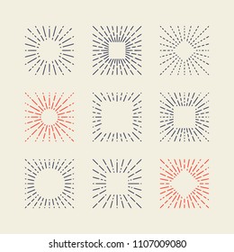 Set of Vintage Square Sunbursts. Trendy Hand Drawn Retro Bursting Rays Design Elements. Hipster Vector illustration