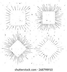 Set of vintage squared and rhombus shaped hand drawn ray frames, starburst template with a space for your text, company name or slogan