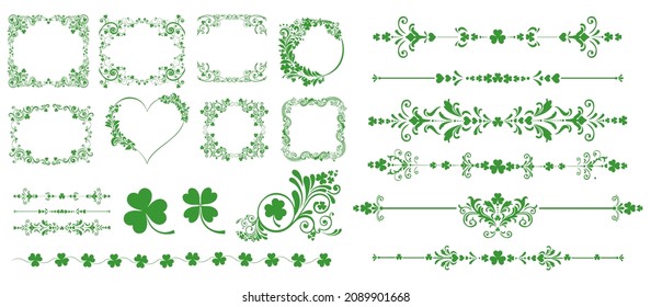 Set of Vintage St. Patrick`s day frames. Celebration background with clover and place for your text. Decoration set - lots of calligraphic elements. Beer festival lettering typography icon. Vector