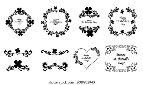 Set of Vintage St. Patrick`s day frames. Celebration background with clover and place for your text. Decoration set - lots of calligraphic elements. Beer festival lettering typography icon.  