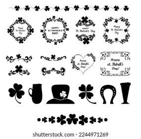 Set of Vintage St. Patrick`s day frames. Celebration background with clover and place for your text. Decoration set - lots of calligraphic elements. Beer festival lettering typography icon. Vector