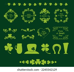 Set of Vintage St. Patrick`s day frames. Celebration background with clover and place for your text. Decoration set - lots of calligraphic elements. St. Patrick's Day vector design elements set.
