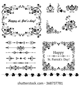 Set of Vintage St. Patrick`s day frames. Celebration background with clover and place for your text. Decoration set - lots of calligraphic elements. Vector Illustration  