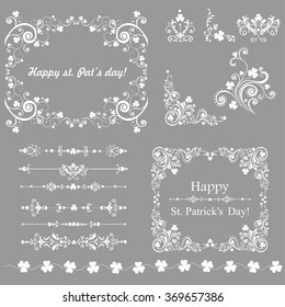 Set of Vintage St. Patrick`s day frames. Celebration background with clover and place for your text. Decoration set - lots of calligraphic elements. Vector Illustration