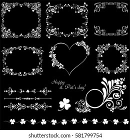 Set of Vintage St. Patrick`s day frames. Celebration black background with clover and place for your text. Decoration set - lots of calligraphic elements. Vector Illustration