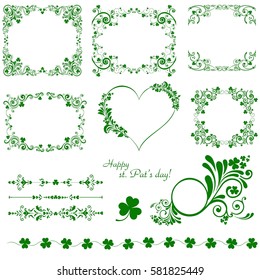 Set of Vintage St. Patrick`s day frames. Celebration white background with clover and place for your text. Decoration set - lots of calligraphic elements. Vector Illustration
