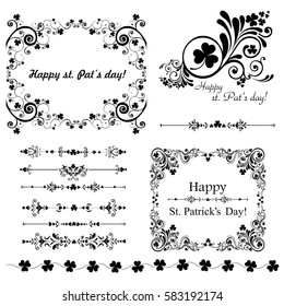 Set of Vintage St. Patrick`s day frames. Celebration background with clover and place for your text. Decoration set - lots of calligraphic elements. Vector Illustration