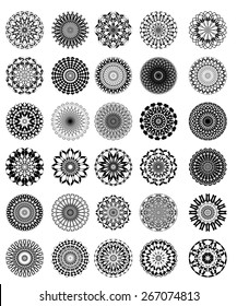 Set of vintage star vector graphic pattern in black and white. Fine circle symmetric patterns like mandala