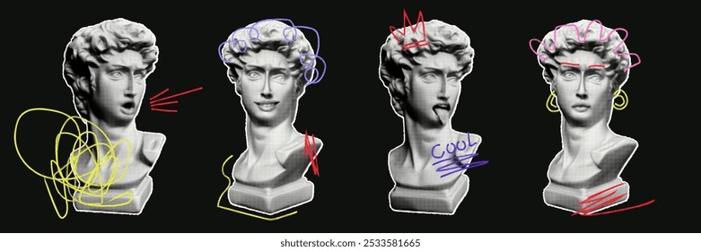 Set of vintage statues in halftone style. Cut-out retro elements mixed with scribbles to create collages.