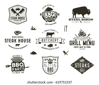 Set of vintage steak house, bbq party, barbecue grill badges, labels. Retro typography hand drawn style. Butcher logo design with letterpress effect.Vector illustration isolated on white background.