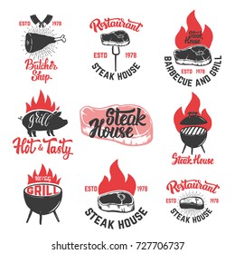 Set of vintage steak house emblems. Grilled steak. Design elements for poster, emblem, sign, badge, emblem. Vector illustration