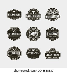 set of vintage steak house logos. retro styled grill restaurant emblems, badges, design elements, logotype templates. vector illustration