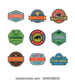 set of vintage steak house logos. retro styled grill restaurant emblems, badges, design elements, logotype templates. vector illustration