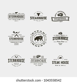 set of vintage steak house logos. retro styled grill restaurant emblems, badges, design elements, logotype templates. vector illustration