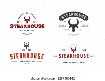 Set Vintage Steakhouse Logos, Badge Design. Retro Grill Restaurant Emblem. Grill Logo With Bull Head On White Background. 