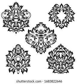 Set of vintage stencils for design. Black and white beautiful pattern with leaves. Vector clipart. 